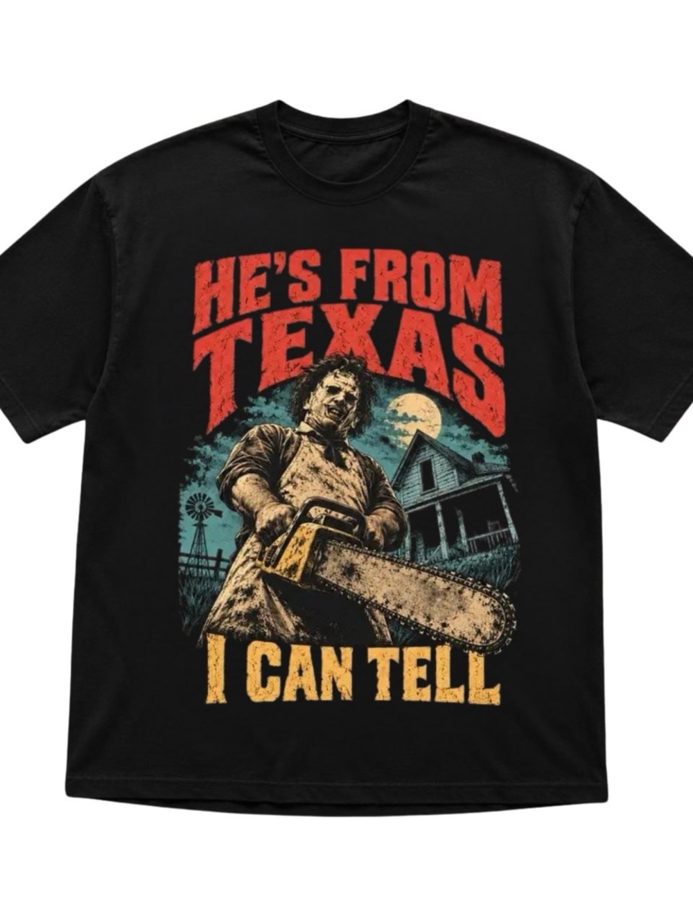 Black He's From Texas Graphic Tee with Red and Yellow Print